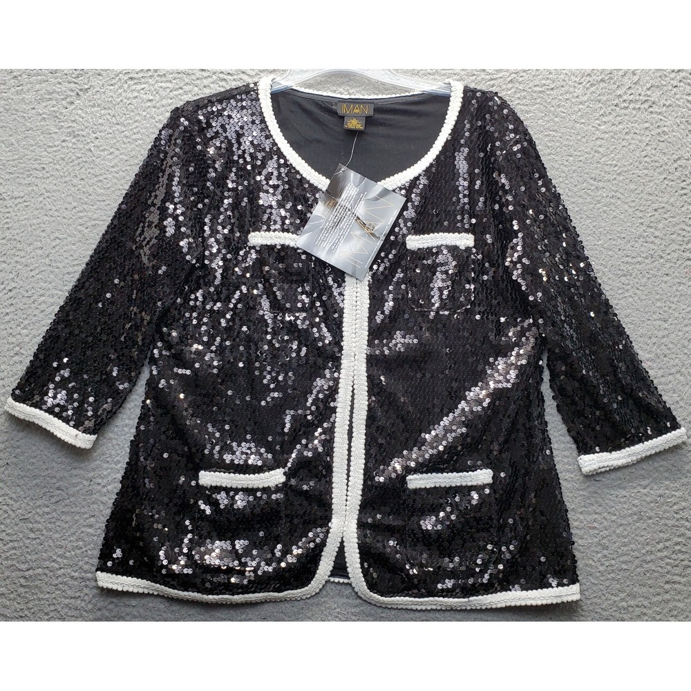 IMAN Sequin Jacket Womens XL Multi Lined Long Sleeve Front Pocket Scoop Neck
